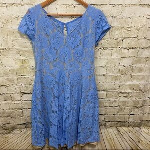 J Taylor Blue Beige Lace Cap Sleeve V Neck A Line Skater Dress